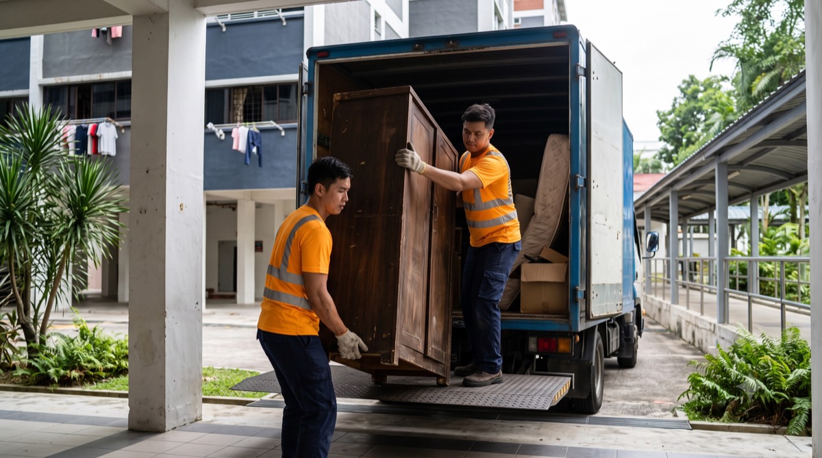 Bulky Buddy crew in hi-vis amber shirts loading old furniture into a lorry at an HDB void deck