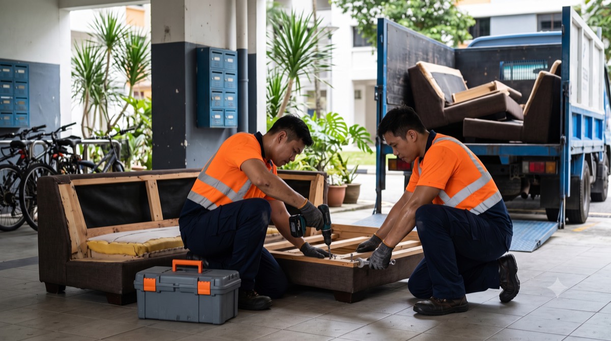 Two movers dismantling an L-shape sofa frame at an HDB void deck beside a disposal lorry