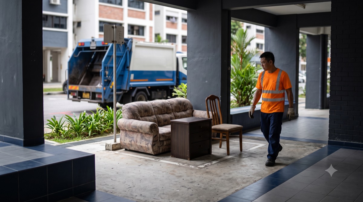 Old furniture left at an HDB void deck bulky-item collection point beside a private disposal lorry