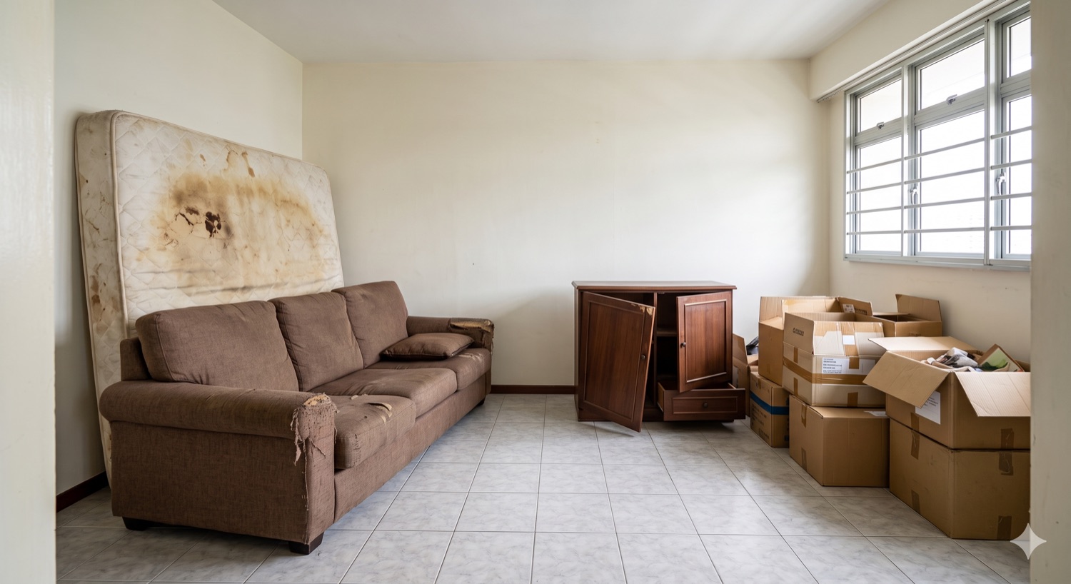 HDB living room full of old furniture before disposal