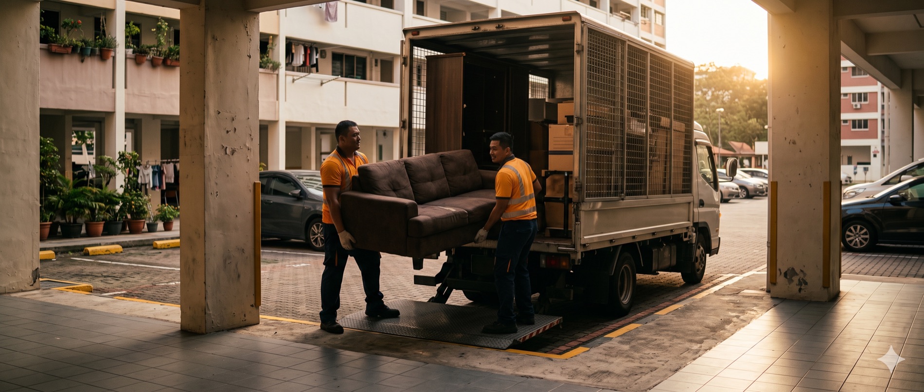 Bulky Buddy crew loading old furniture into a lorry at an HDB void deck